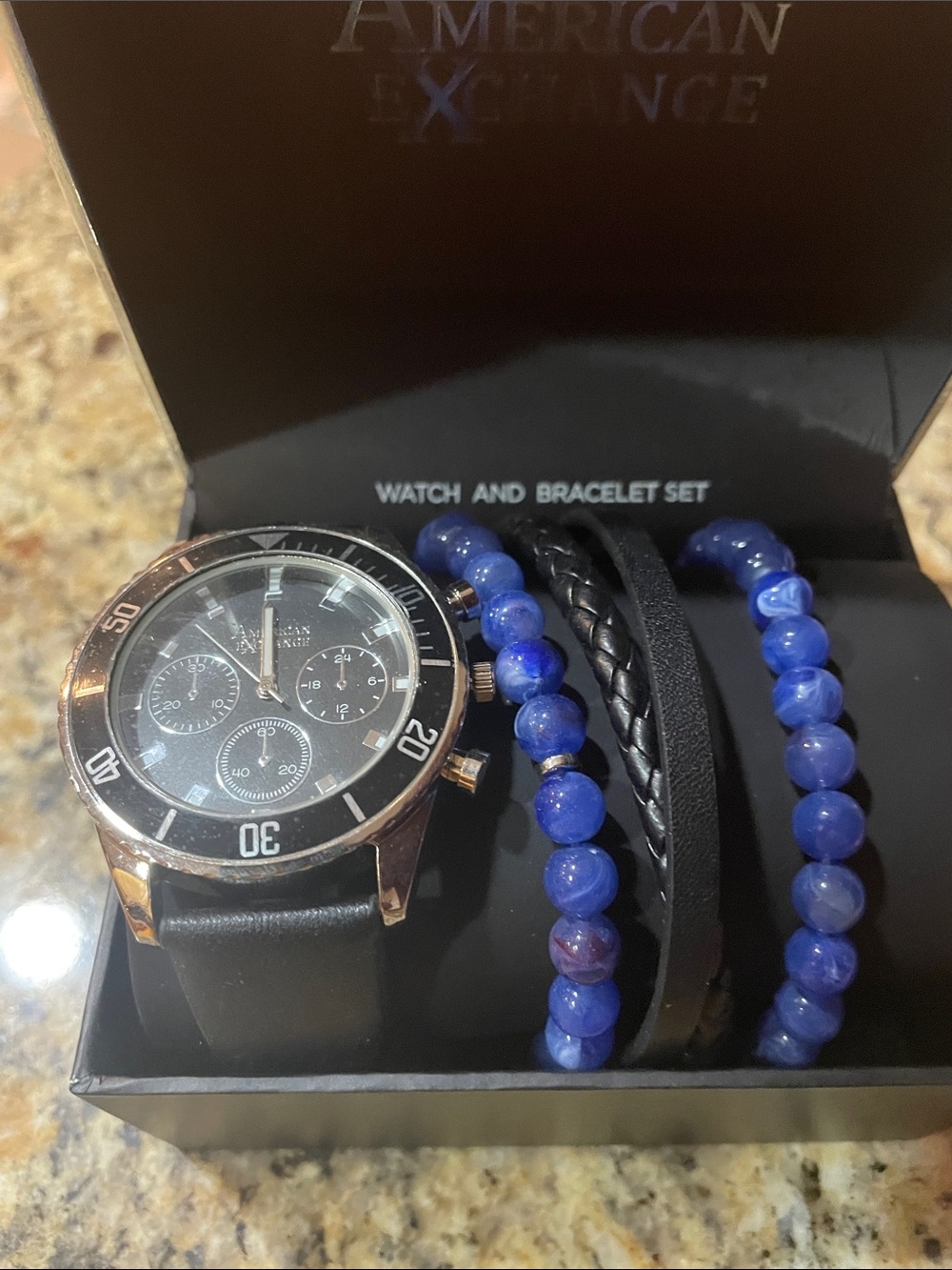 American Exchange Black Watch & Blue/Black Bracelet Set